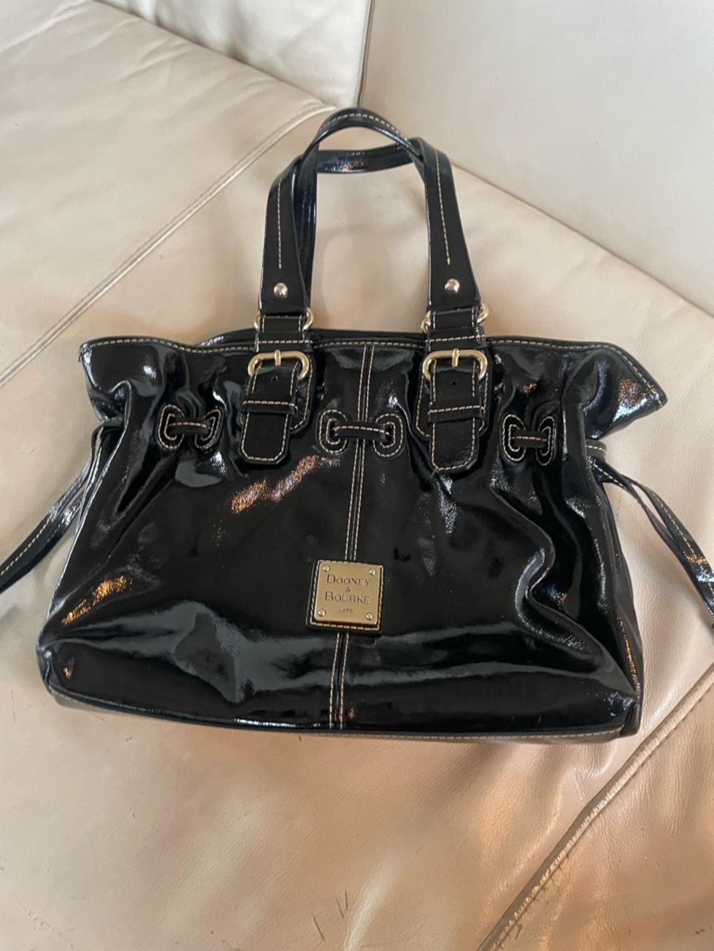 Dooney & Bourke Black Patent Leather Tote with Gold Hardware shoulder bag